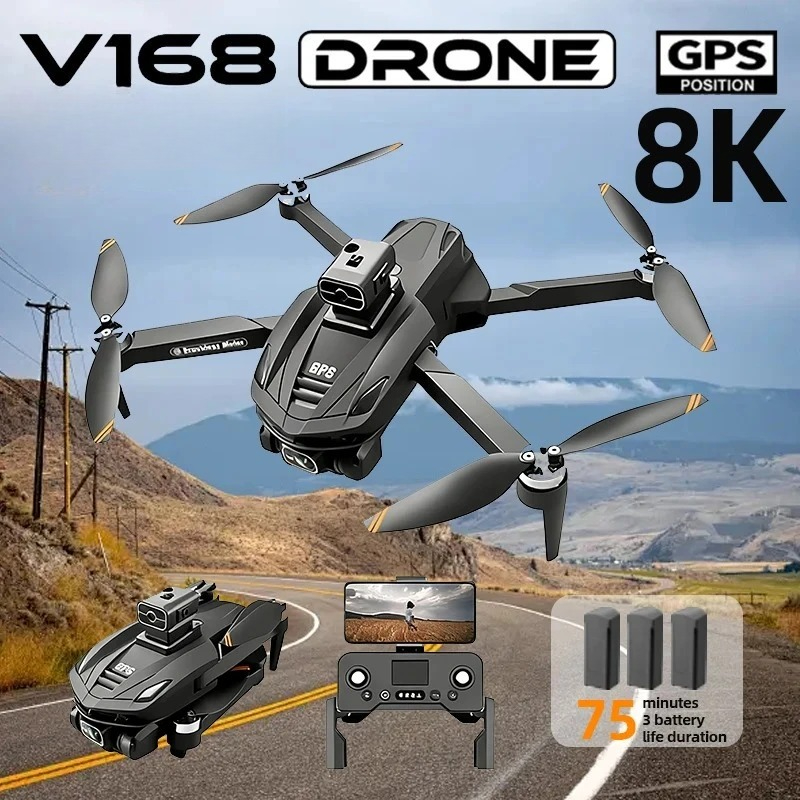 Drone Surveying - オリジナルV168 GPS搭載プロフェッショナルドローン。8K HD空撮カメラ、5G Wi-Fi、ブラシレスモーター、障害物回避機能、折りたたみ式RCクアッドコプター。